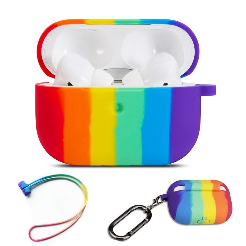 Laugwey Cute Colorful Case for Airpods Pro,Rainbow Pattern Soft Silicone Protective Case with Anti Lost Rope for AirPods Pro 2019,Rainbow Colors Protective Cover for Airpods Pro - Image 1
